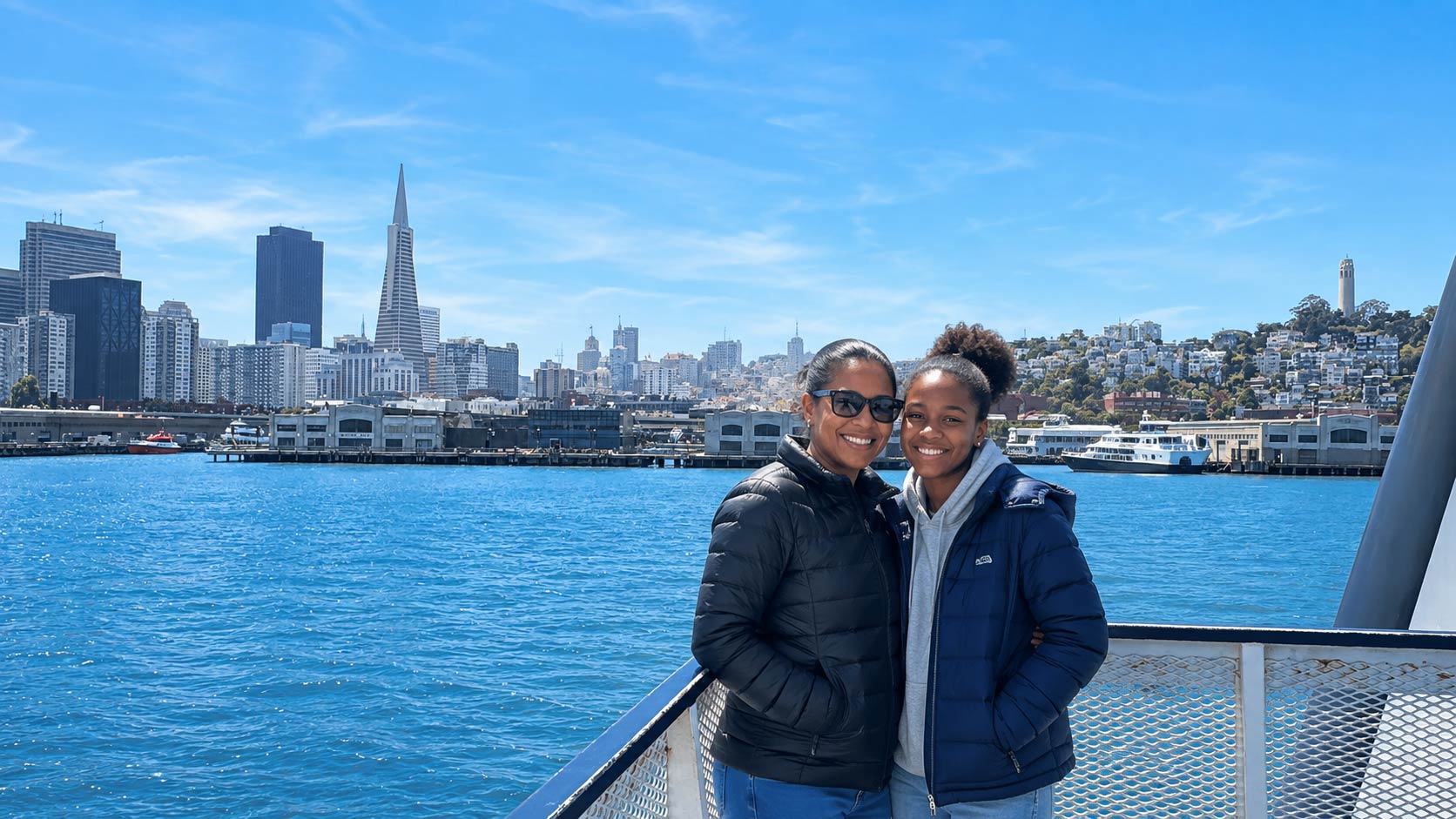 the perfect couple taking the perfect Golden Gate Bridge sunset cruise photo