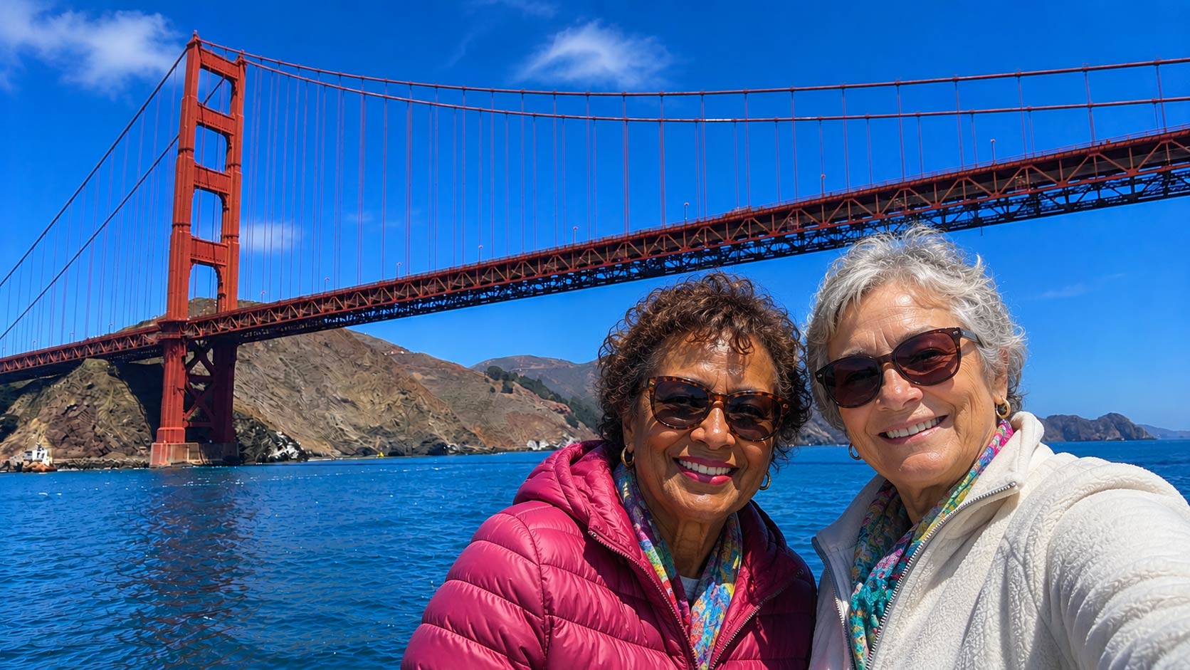 Two women take a selfie as their cruise passes underneath the Golden Gate Bridge.