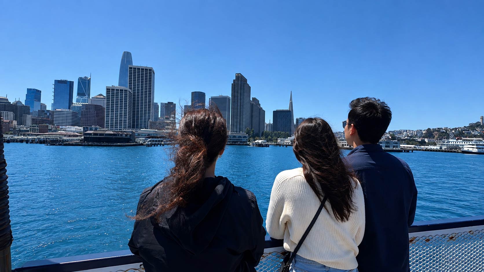 A few people take in the beautiful San Francisco skyline.