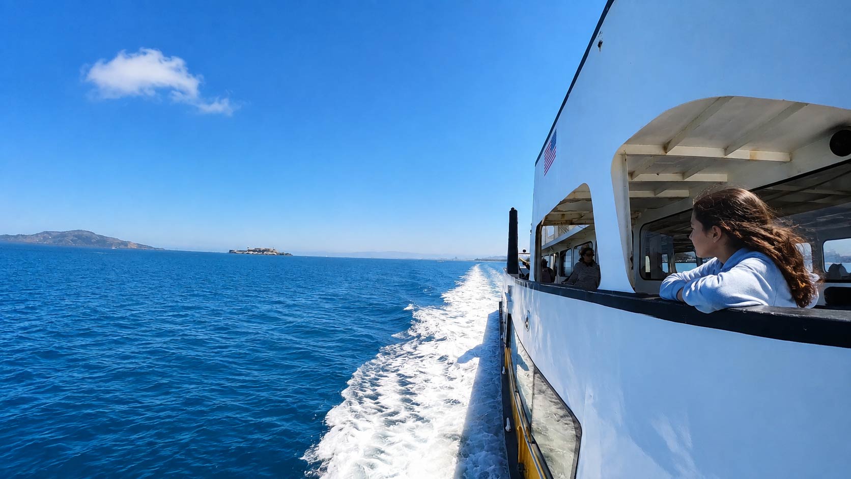 Aerial view of the bay cruise underneath the Golden Gate Bridge.