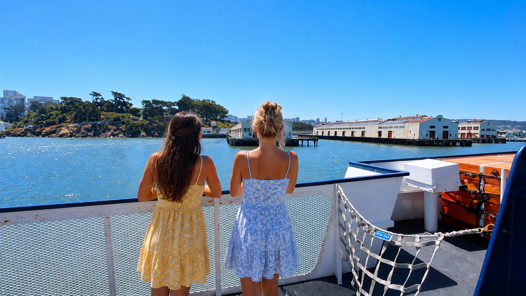 Two girls enjoy the sights during their San Francisco skyline cruise.